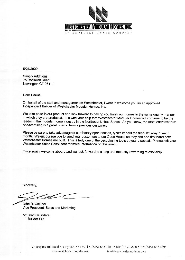 Official Partnership Letter from Westchester Modular Homes Inc.