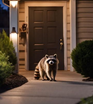 home with motion detecting security lights shining on a cute Raccoon