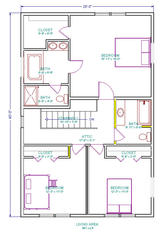 3 Bedrooms and 2 Baths Attic Floor Plan